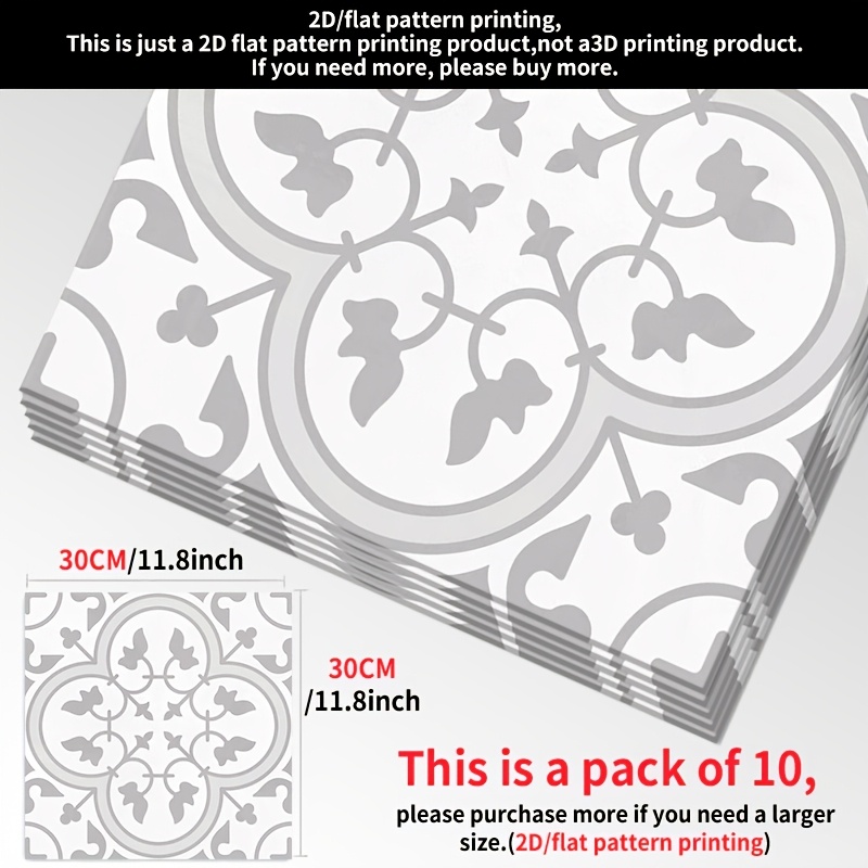 TEMU 10pcs Self-adhesive Vinyl Floor Stickers, 30.0x30.0cm 2d Flat, Vintage Floral And Geometric Line Pattern, Light Gray And White, Tile-like Glazed