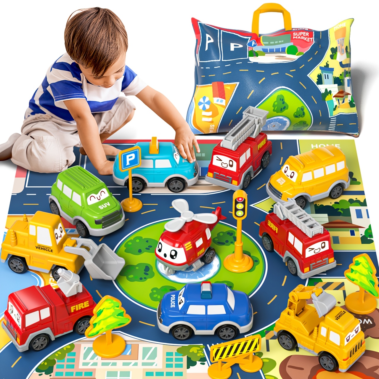 

12 Pieces Truck Car Toy And Playmat Storage Bag