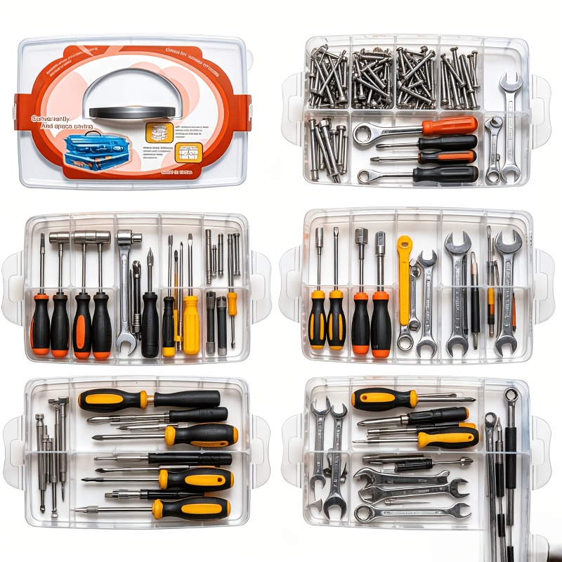 7pcs Set: 6 Containers with 1 Lid, Transparent Storage Box with Lid and Handle, Snap Closure Design, Clear Tool Organizer, Household Screw, Wrench, and Hardware Accessories Sorting Box, Storage Container, Portable Divided Organizer Tray
