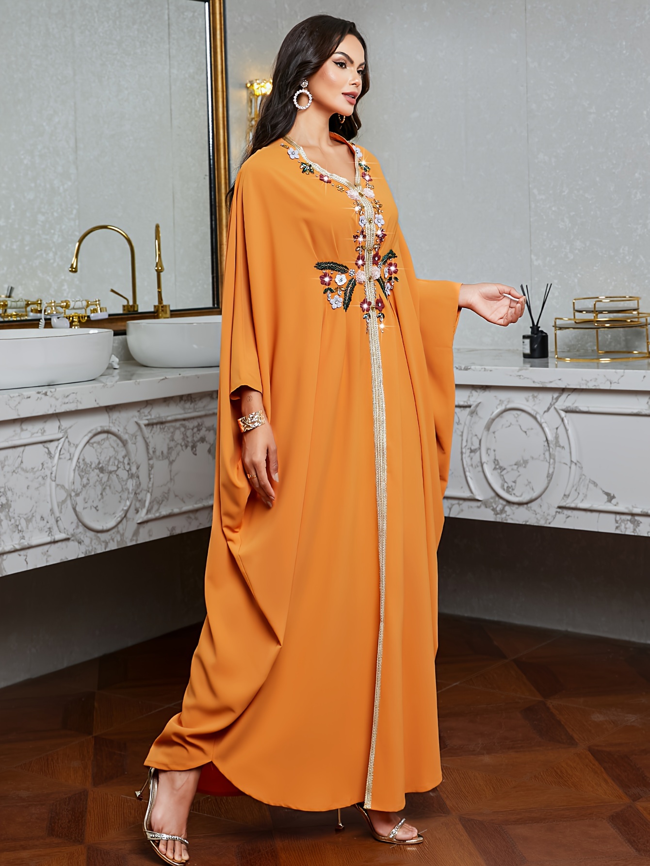 slim fit dress slacks Surplice Neck Batwing Sleeve Sequin Mermaid Dress Black / L main image 0
