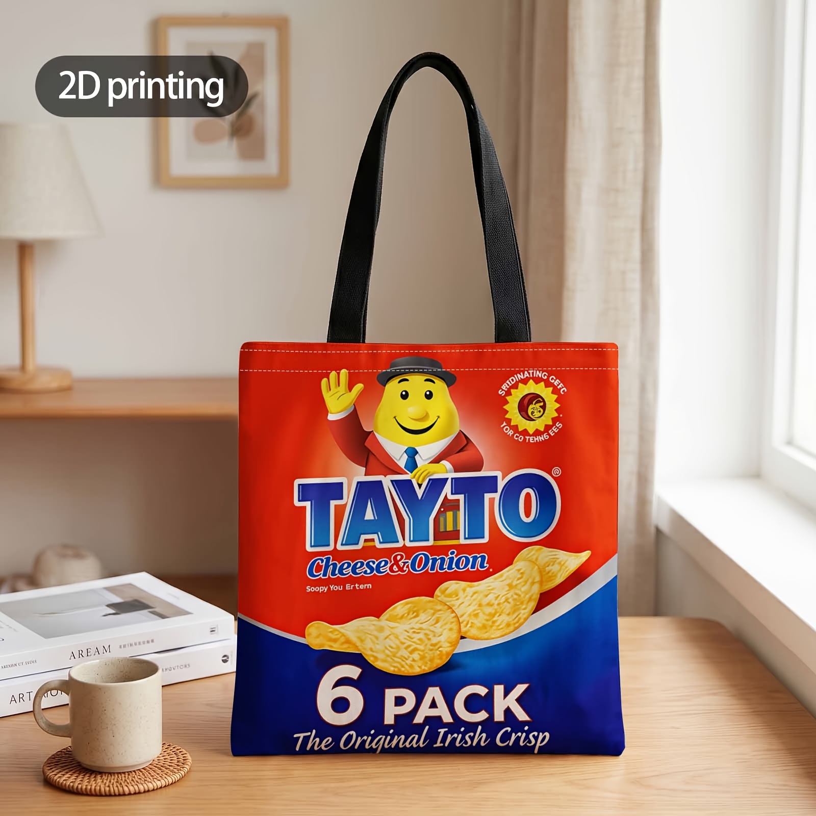 TEMU 1pc Tayto Cheese & Onion – 6 Packs Of Irish Patterned Tote Bag, A Fashionable And Reusable Shopping Bag, Suitable For Commuting, Traveling, And