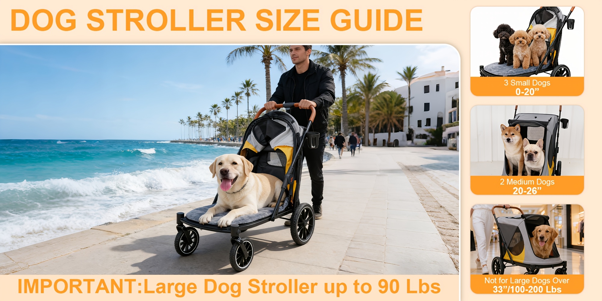 Large Dog Stroller with 4 Wheels: Foldable Pet Stroller for Medium Large Dogs Up to 42Kg, Dual Entry Pet Stroller with Mesh Windows, Storage Pocket, Cup Holder And Brake System, 86X65.5X102 Cm