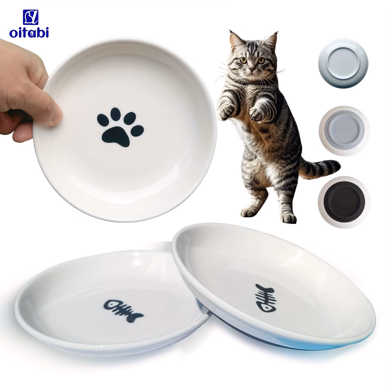 oitabi 3pcs ceramic cat food water bowls set non slip elevated compatible wide shallow bowls for indoor cats dishwasher anti whisker dishes with water paw print plate quiet feeding system Product details 0