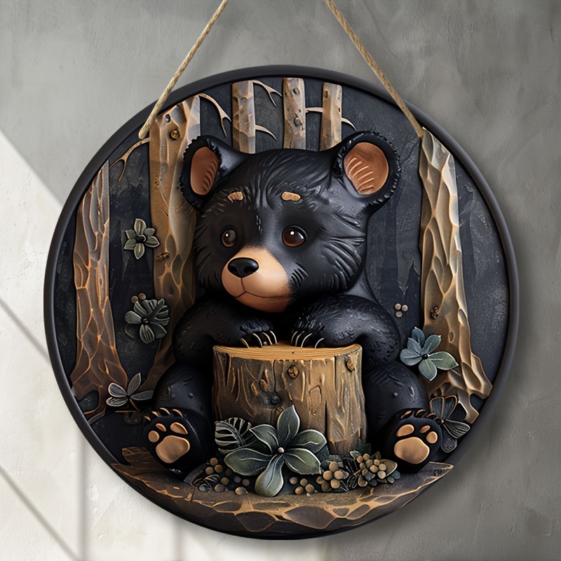 

Contemporary Cute Black Bear Themed Round Decorative Sign & Plaque - Wall Hanging Manufactured Wood Multipurpose Home Decor For Living Room, Farmhouse, Door, Kitchen, And Dining Table Decor (8 Inches)