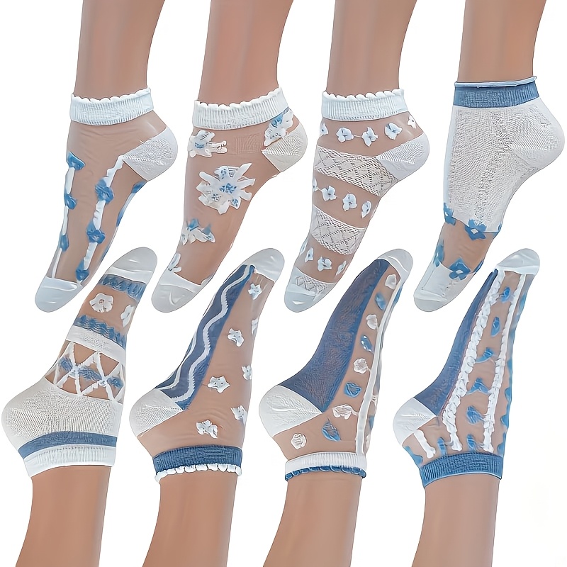 TEMU 8 Pairs Of Summer Women's Blue And White Thin And Breathable Hollow Glass Mesh Eye Card Short Socks Floral Print Lace Border Blue And White Elegant Boat Socks Classic And Versatile, Suitable For