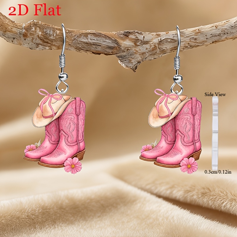 TEMU 2d Flat 1 Pair Western Cowgirl Dangle Earrings, Acrylic Pink Cowboy Boots And Hat With Floral Print Drop Earrings For Women, Cute Pastel Western