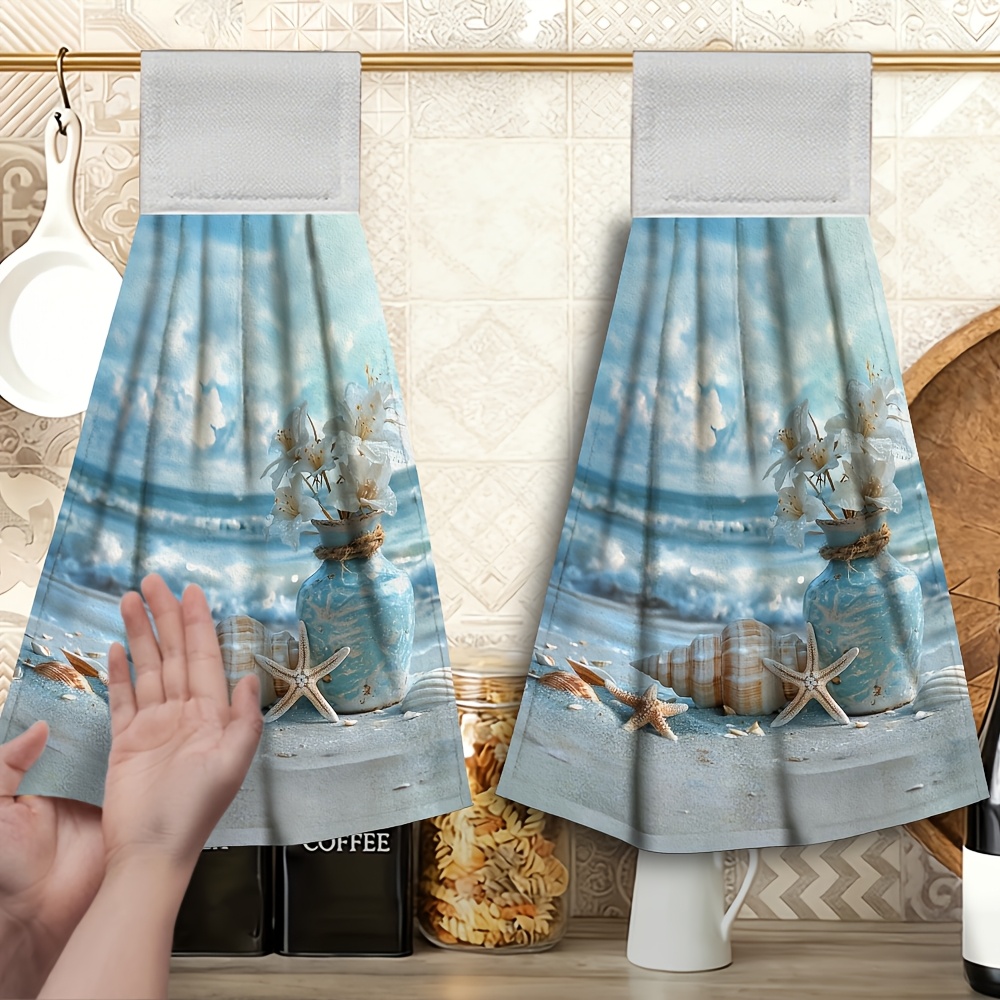 TEMU 2pcs Hanging Hand Towel With Ocean Waves, Seashells, Starfish, Vase, Beach, And Sky Patterns, Multifunctional Towel, Soft Microfiber Material,