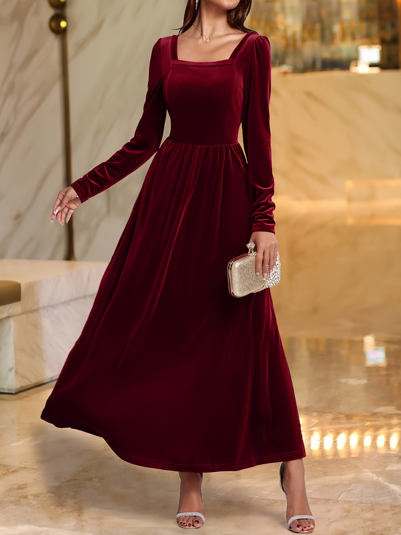 elegant vintage french neck long dress solid - Temu United Arab Emirates