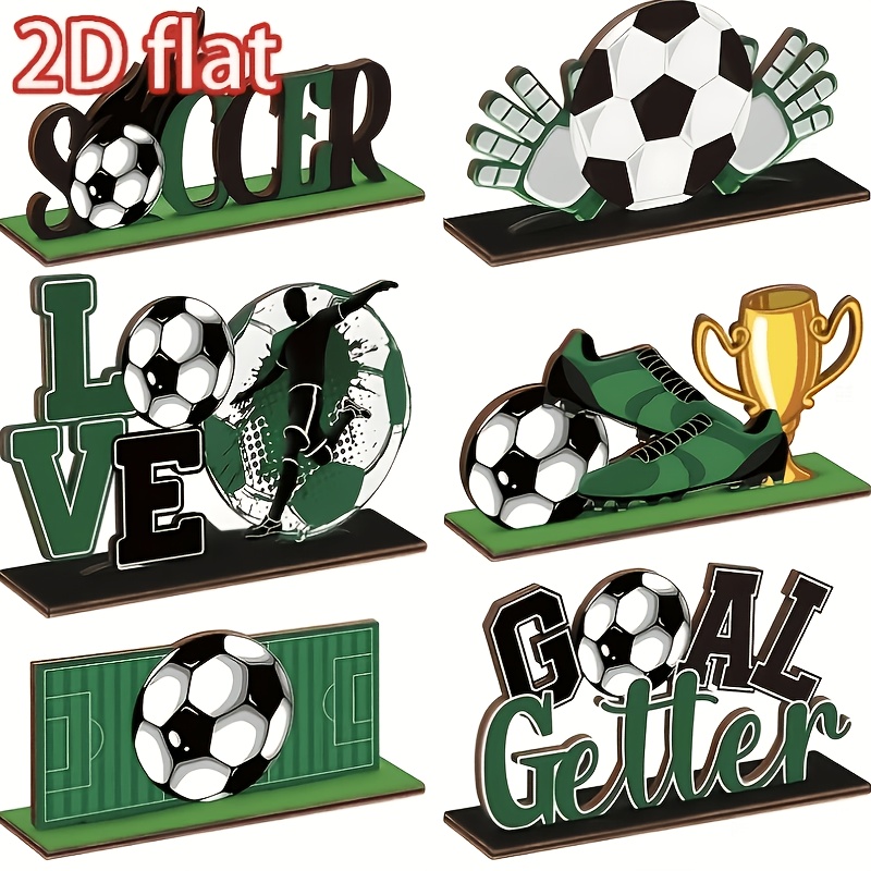 TEMU 2d Flat 6pcs Football-themed Wooden Table Decorations, Green And Black, Detachable Table Centerpiece Decorations For Football Parties And