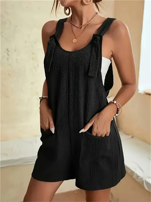 chic solid color sleeveless romper with pockets for women casual polyester jumpsuit machine washable spring summer scacto