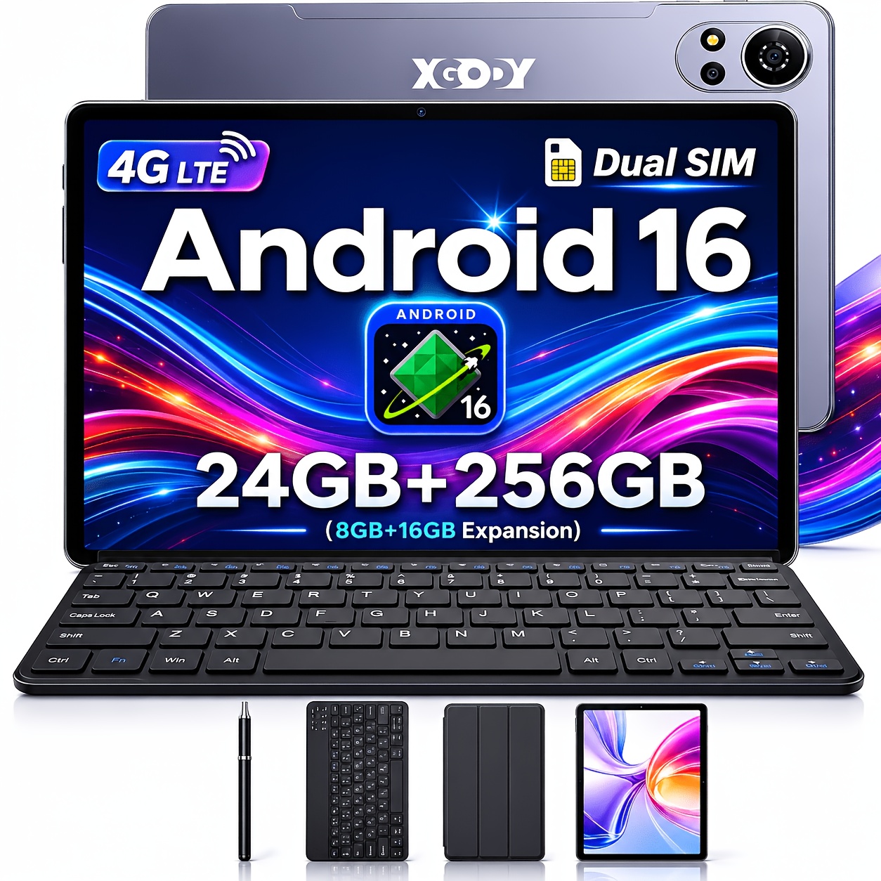 Image of Xgody N05 Pro 4g Lte Tablet 256gb Rom 16 With Sim And Wifi, 11 Inch 16 Tablet With Keyboard, 24gb(8gb+16 Gb) + 256gb Rom + 2tb Expand, 90hz Display, 8000mah, Ai, Wifi Tablets For Work & Study