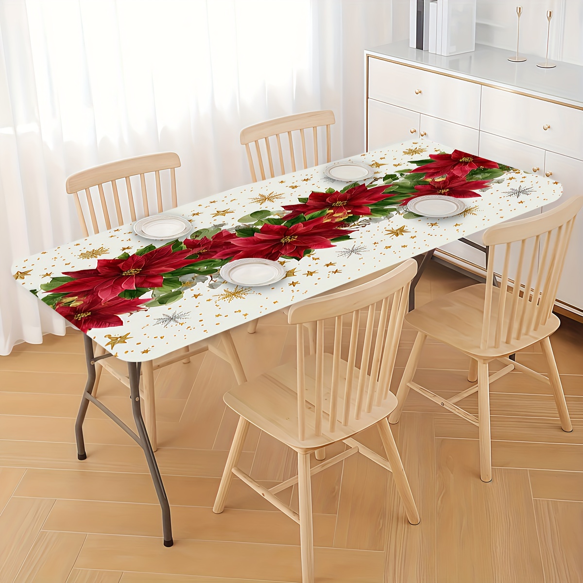 TEMU 1pc Christmas Floral Pattern Printed Elastic Tablecloth, Washable Outdoor Table Cover With Elastic Hem, Suitable For Family Outdoor Picnics And