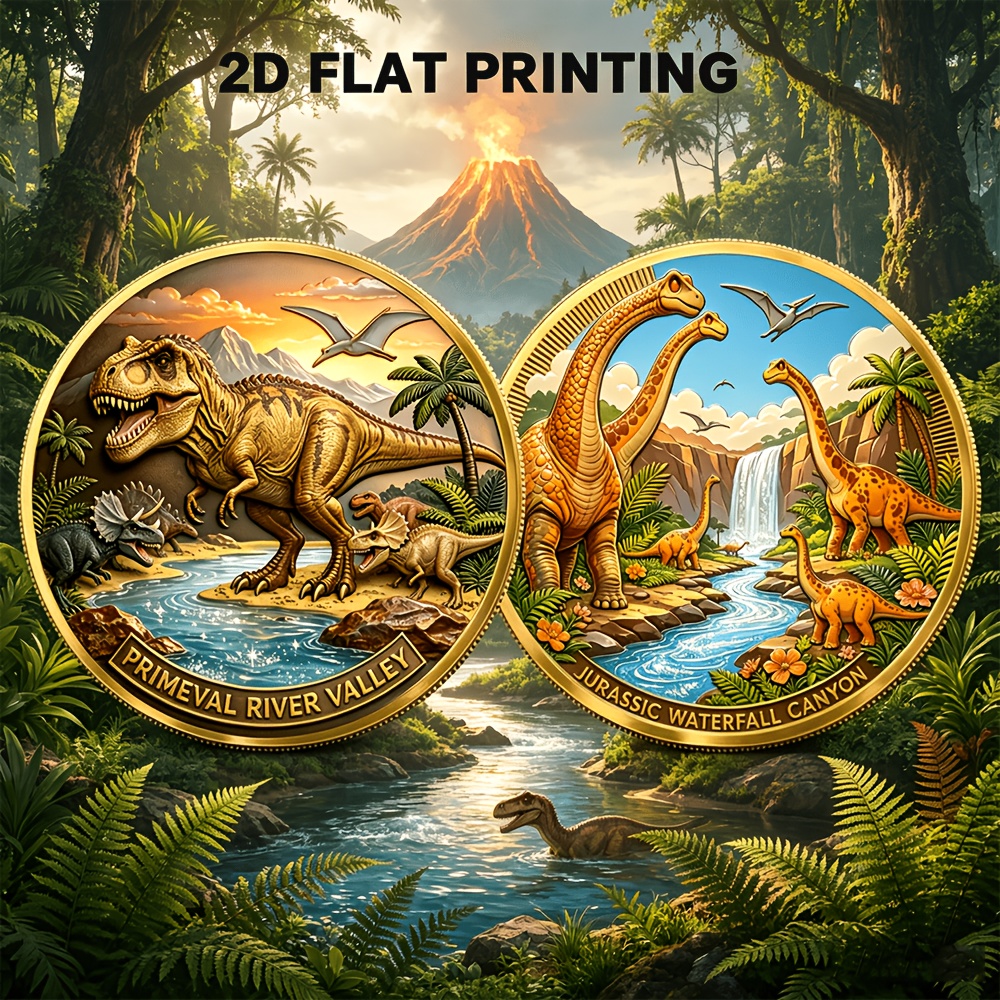TEMU Prehistoric Jurassic Canyon Collection Commemorative Medal, 2d Flat Printed Gilded Double-sided Alloy Coin, Alloy Material, Ancient Jungle