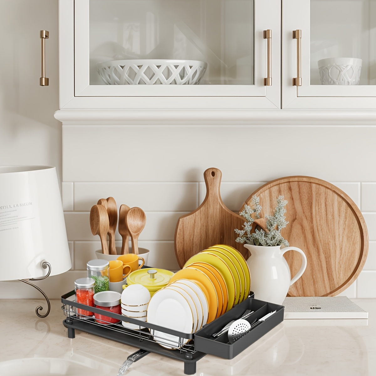 TEMU Dish Drainer Rack, Dish Rack With Drip Tray, Dish Drying Rack With Removable Cutlery Holder, Sink Drainer Rack