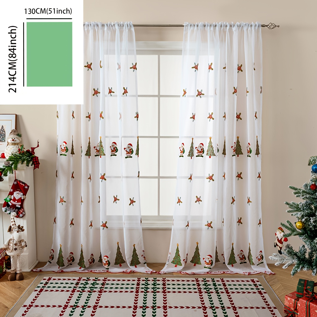 TEMU 1pc Christmas Quadriptych White Gauze Embroidered Gift Santa Claus Christmas Tree Embroidery Living Room Decoration Rod Pocket Curtain