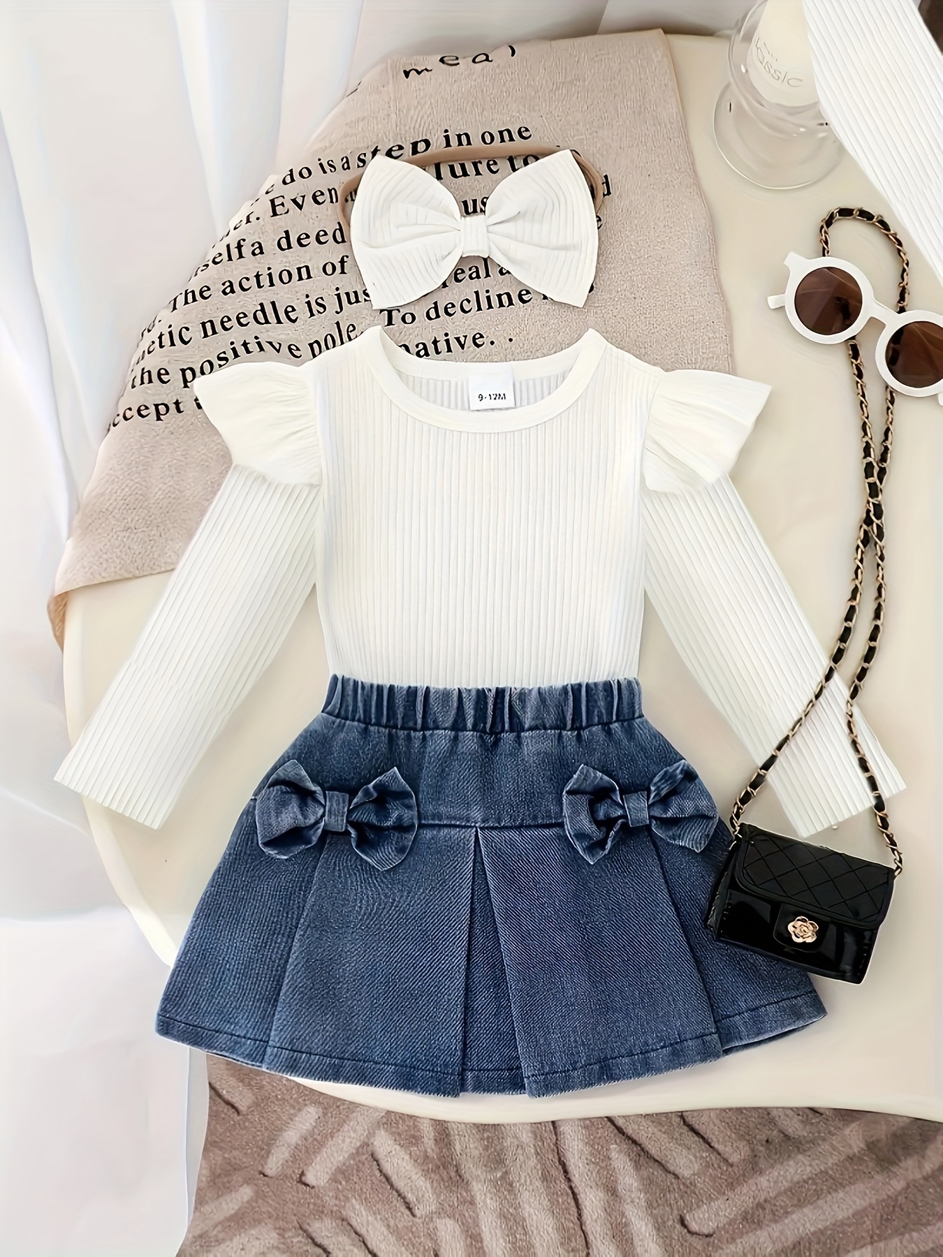   piece set for baby girls featuring a long sleeve top with flutter sleeves made of ribbed fabric for autumn and winter a   denim skirt with a bow and a headscarf   outdoor casual vacations Product details 6