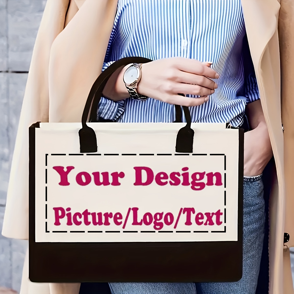 

Customizable Polyester Tote Bag With Fixed Shoulder Straps - Elegant Style Handbag, Diy Personalized Photo/logo/text Printing, No-closure Beach Bag With Polyester Lining, Positioning Printing Design