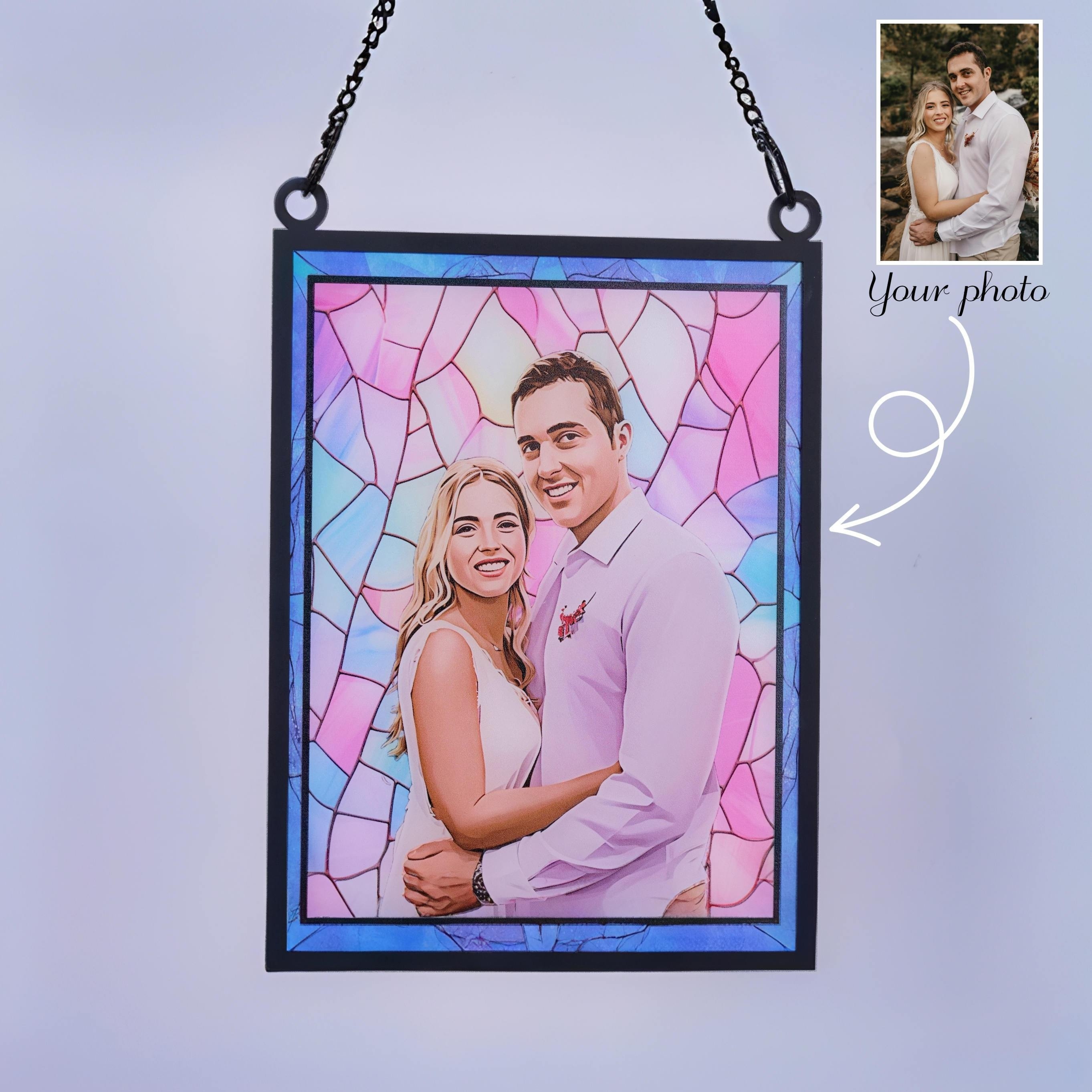 

Custom Photo Suncatcher - Personalized Window Hanging Decor, Cartoon Style - Perfect Gift For Husband, Wife On Anniversary, Christmas, Birthday