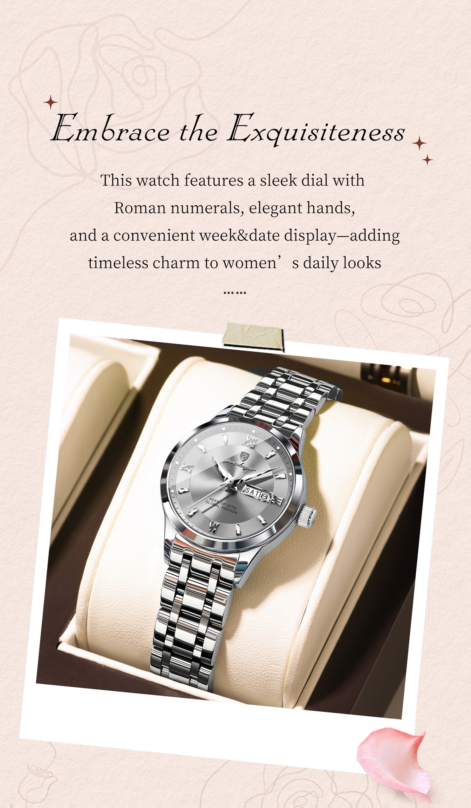 Ladies' Vintage Elegant Steel Strap Watch, Stainless Steel Quartz Wristwatch, Luminous Weekly Calendar Watch for Women