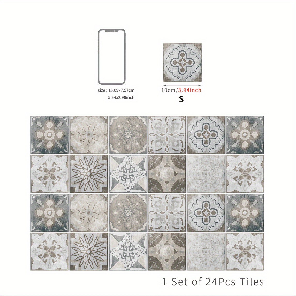 24pcs/set, Colorful Style Pattern Self-adhesive Tile Stickers, Used For Kitchen, Bathroom, Bedroom, Decoration Wall Stickers