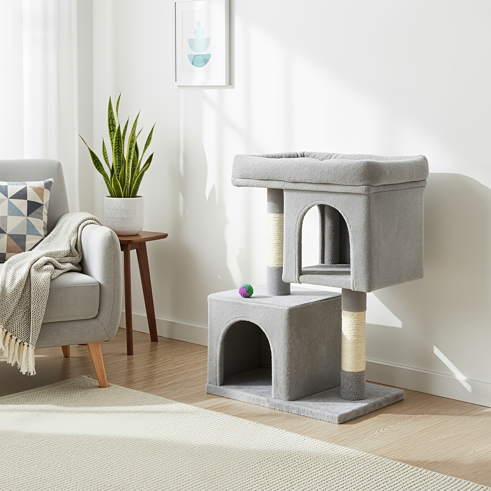 TEMU Cat Tree, 29.1/39.8-inch Cat Tower, Medium Size, Cat Condo For Medium Cats Up To 11 Lbs, Large Cat Perch, 2 Cat Caves, Scratching Post