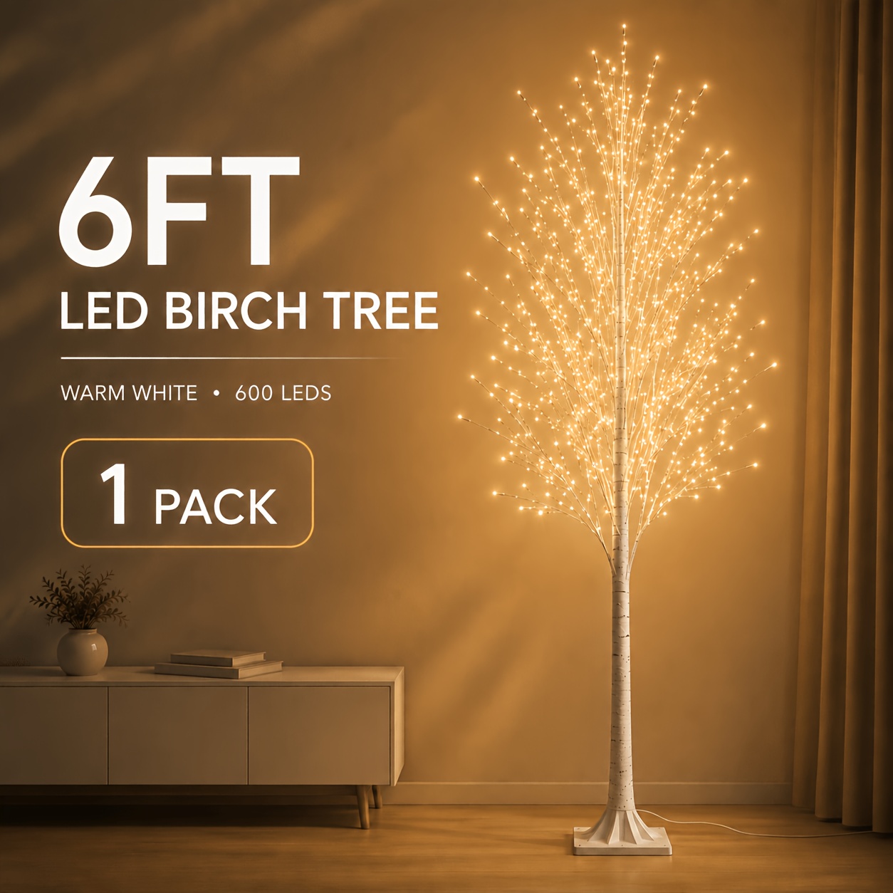 TEMU 600 Warm White Led Artificial Lamp, 6ft, Flexible Branches, Realistic Hand-wrapped Birch Bark Trunk, Plug-in Lighted Decorative Tree For Living