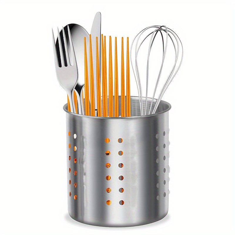 

1pc Utensil Holder, Stainless Steel Kitchen Utensil Drying Cylinder With Drain Holes, Countertop Round Cookware Cutlery Holder, For Kitchen, Home And Office, Home Supplies