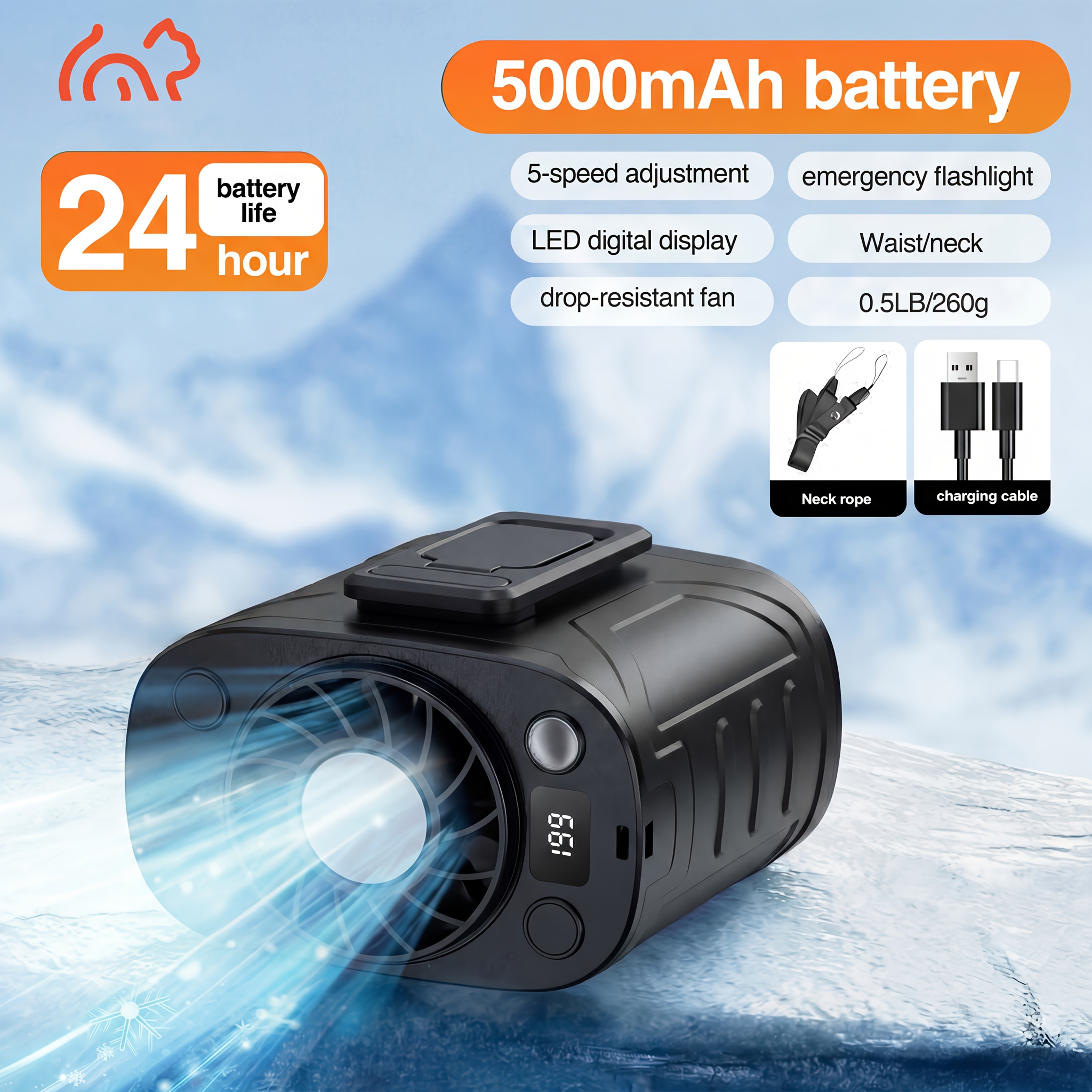 TEMU Neck Portable Waist Fan, 18000rpm Powerful Brushless Motor, 199 , 5000mah Large Capacity Ultra Long Battery, Led Light Power Display, Suitable For Outdoor Work, Camping, , Spring , -