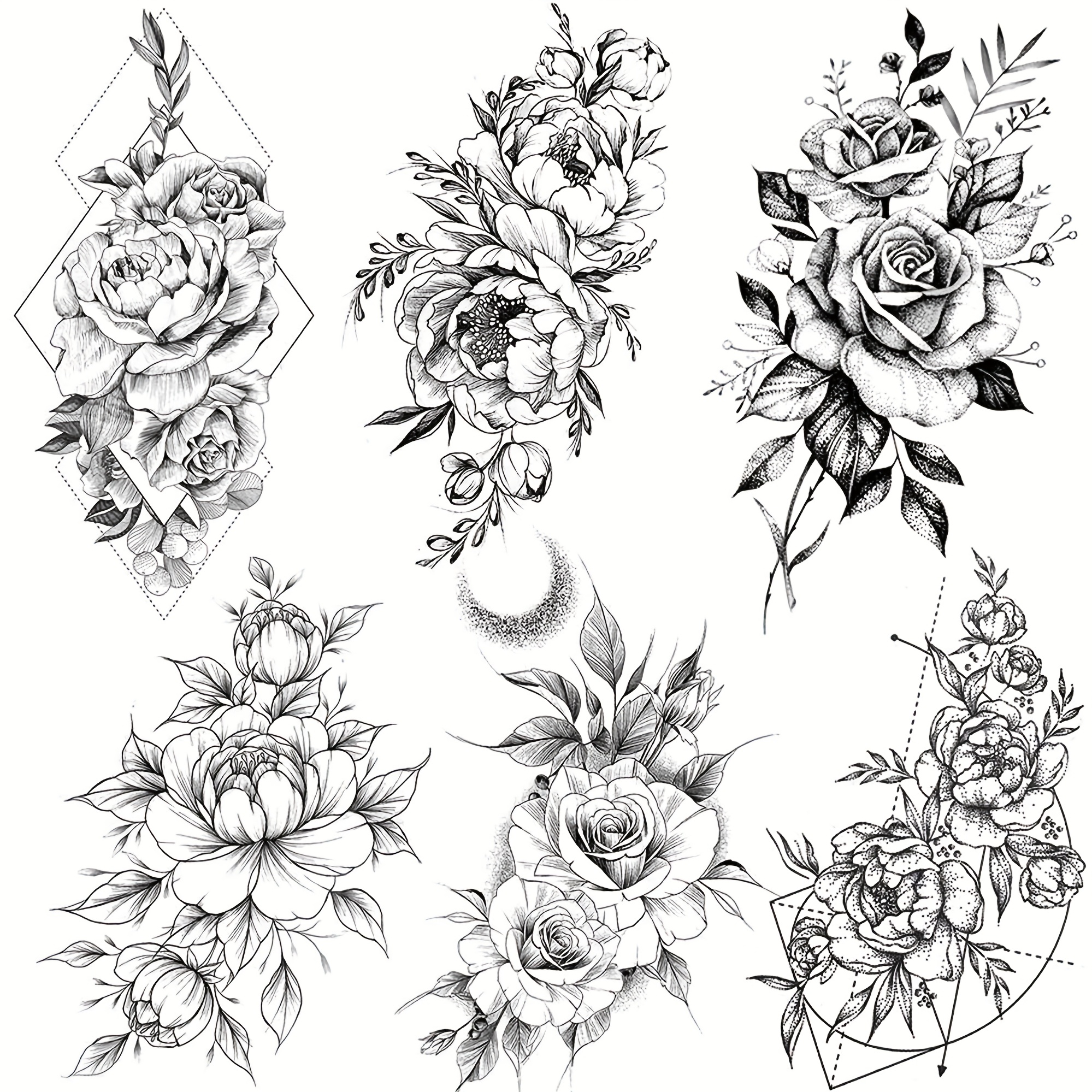 TEMU 6 Sheets Black Rose & Peony Temporary Tattoos - Waterproof Body Art Stickers With Geometric Floral Designs, Large & Small Sizes For , Legs, Face