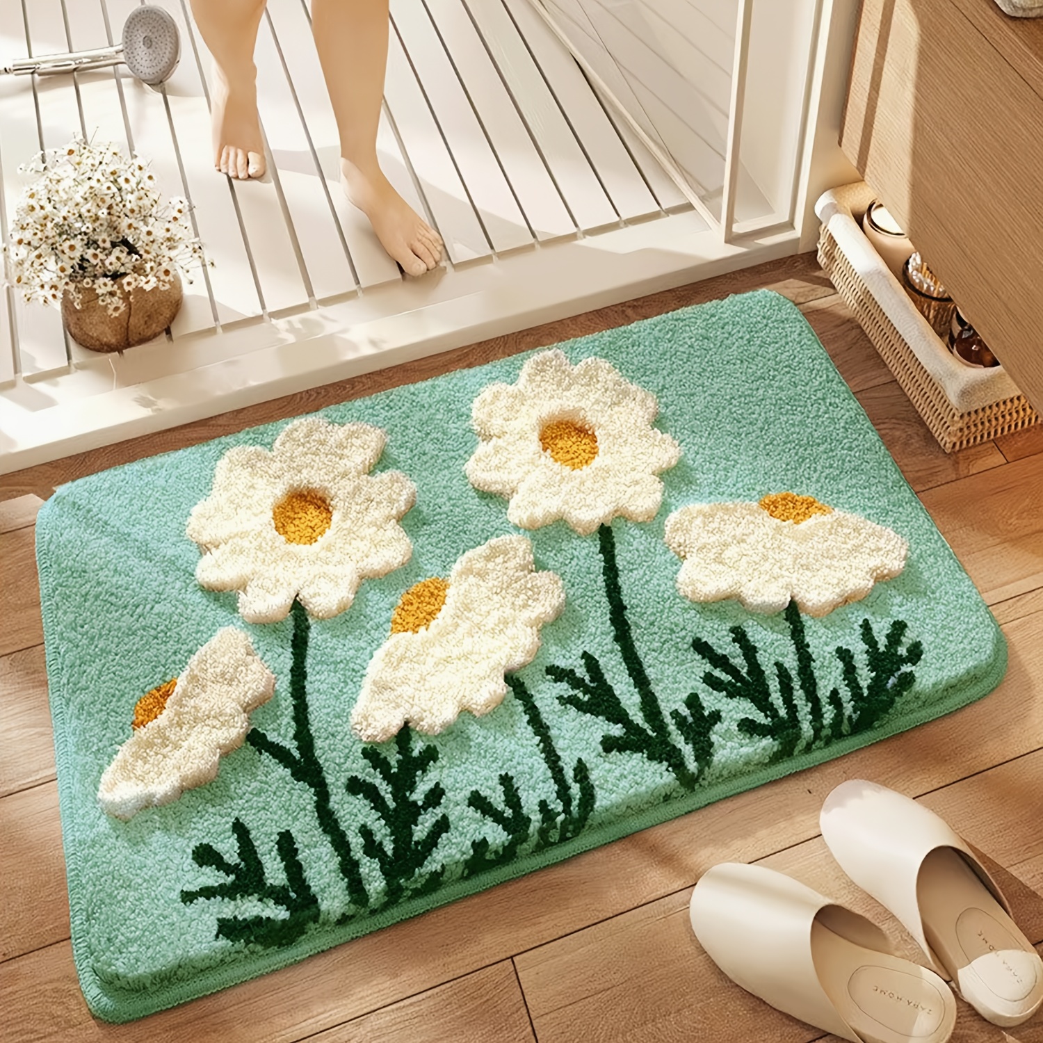 1pc ultra soft plush fabric flower shaped bath mat with non slip tpr backing polyester super absorbent rectangular bathroom rug 3d high low texture machine washable home decor bathtub carpet Product details 2
