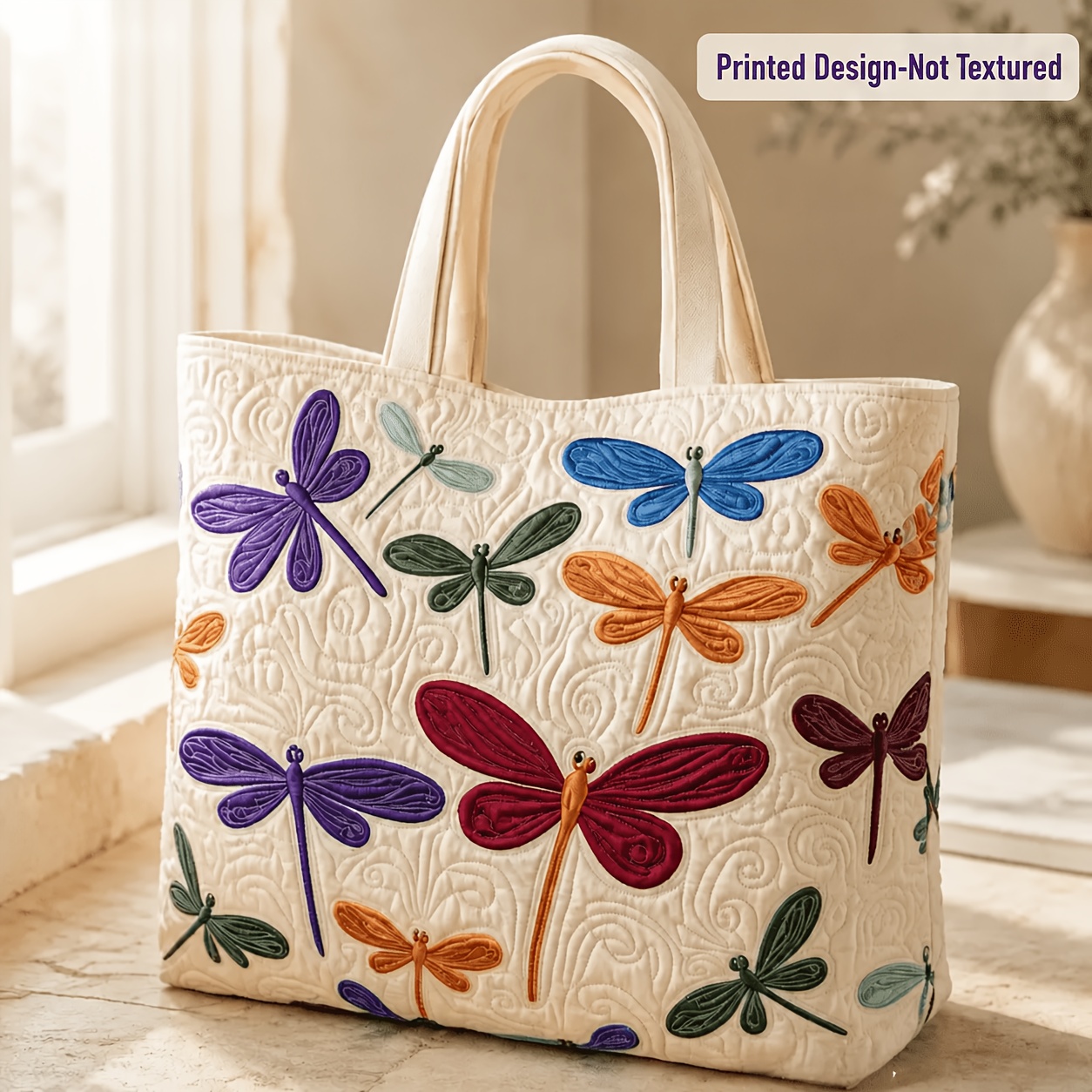 TEMU Printed Design Not Textured Colorful Dragonfly 2d Print Tote Bag, Dragonfly Pattern Large Capacity Casual Single Shoulder Handbag, Reusable