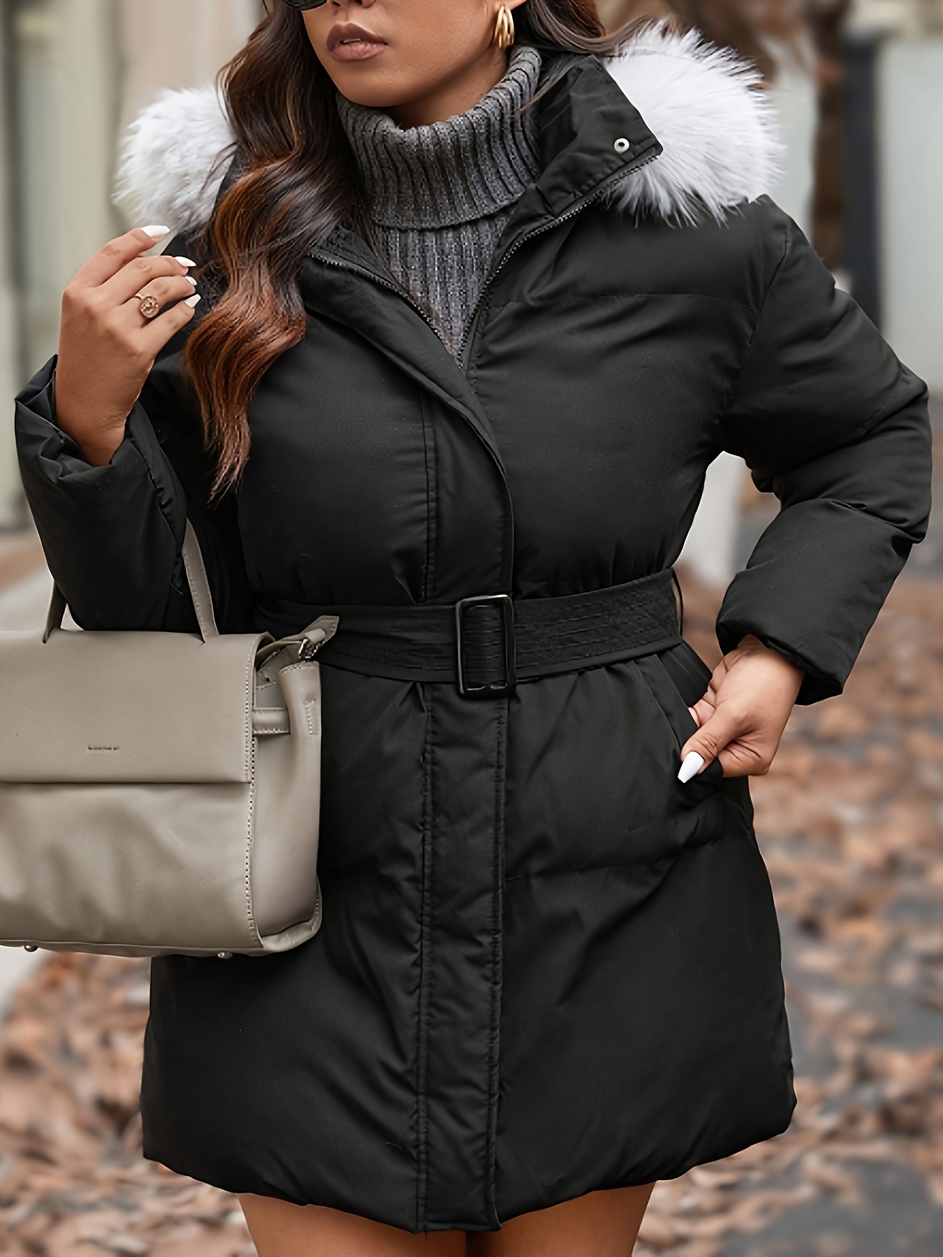Plus Size Dames Mid-Lengte Hooded Parka Jas met Verstelbare Tailleband