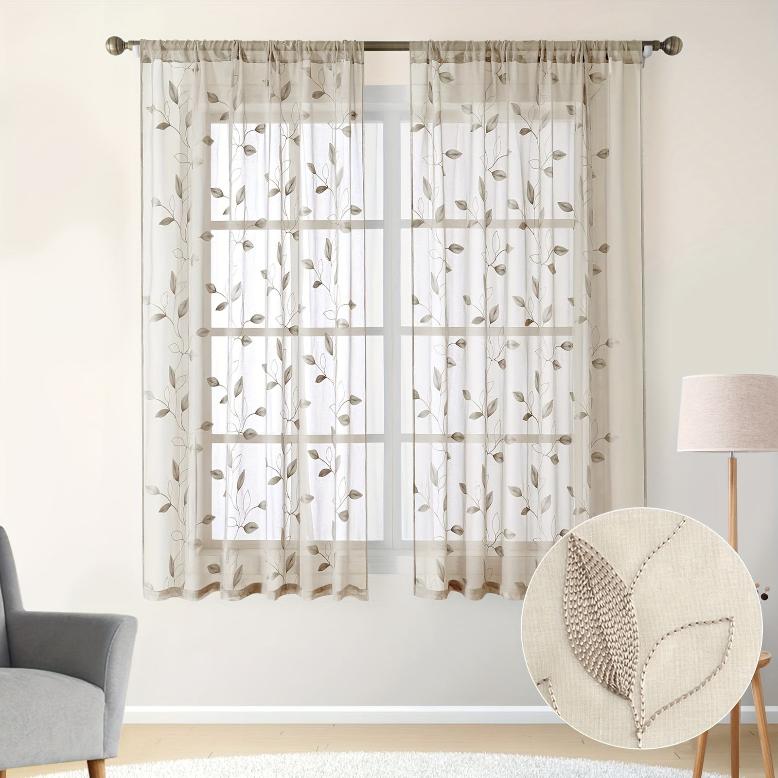 E-shop 2er-Set transparente Vorhänge mit besticktem Blattmuster, Stangentaschen-Vorhänge mit Blumenmuster, halbtransparente -Vorhänge, Küchenvorhänge,