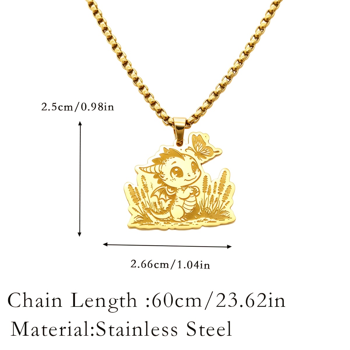 Stainless Steel Dragon with Butterfly Pendant Necklace, Fantasy Gift