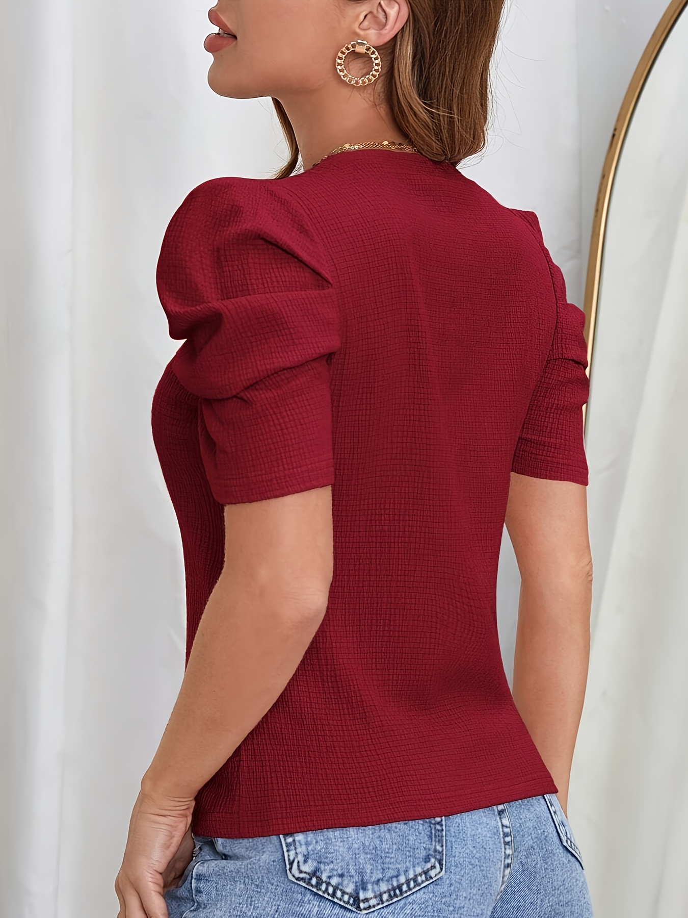 Women's Elegant Solid Color T-Shirt - Vibrant Red Round Neck Short Sleeve, Machine Washable & Dry Cleanable, Versatile Casual & Formal Wear, All-Season Comfort, Everyday Outfit, Puffed Sleeves, Soft Texture, Stylish Blouse, Fashion Lovers