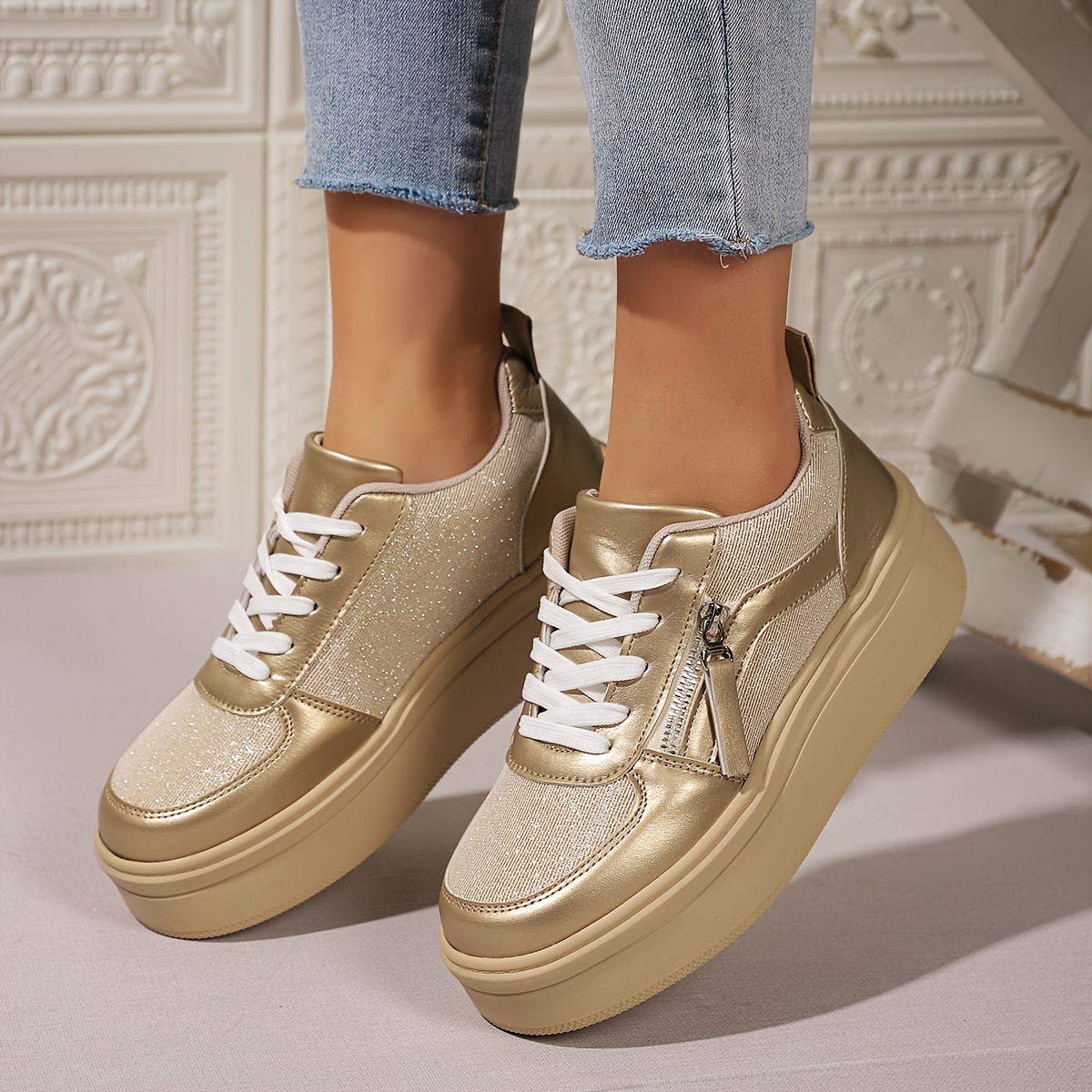 Tenis Blancos Outfit Zapatillas Doradas Mujer Zapatillas Casuales