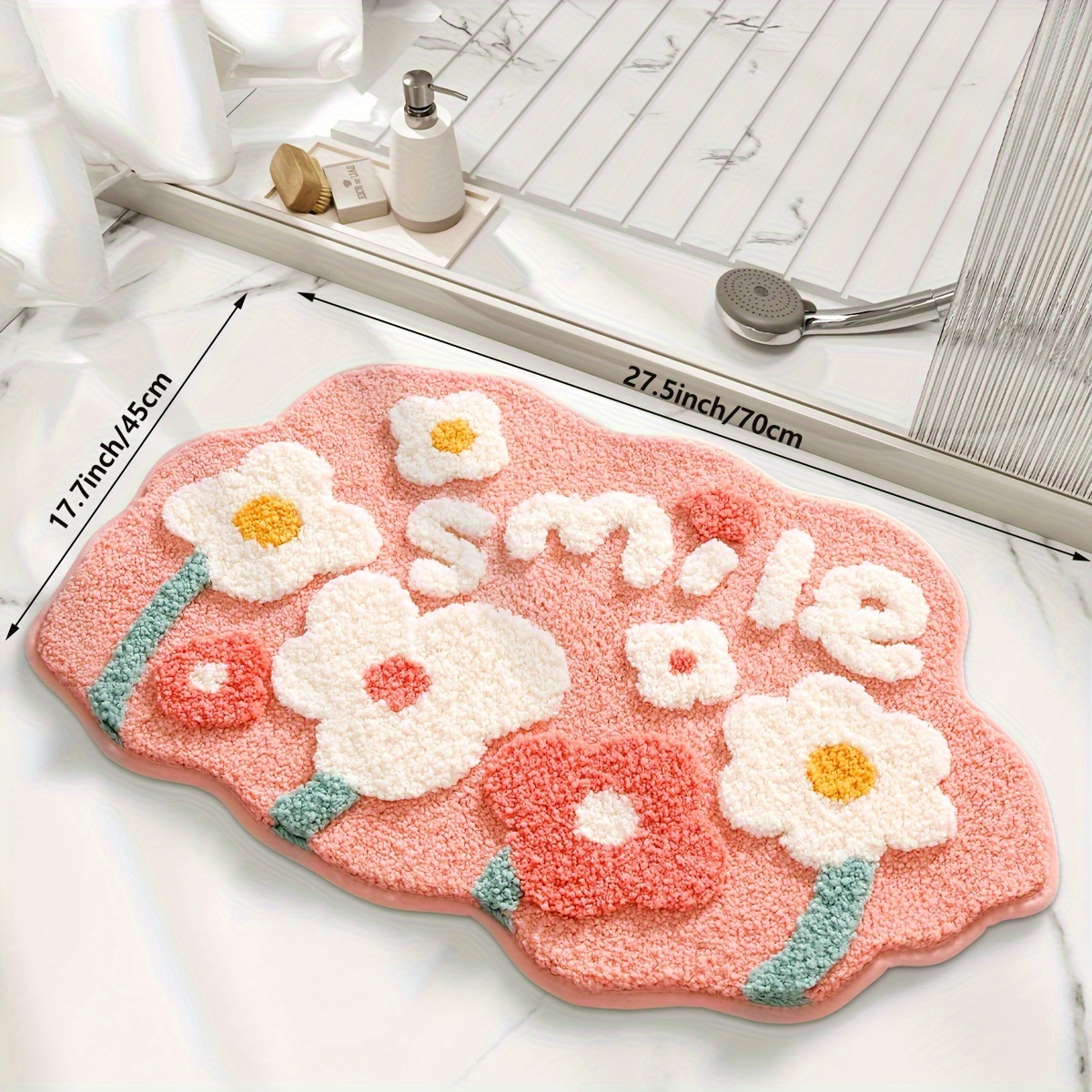 TEMU 1pc Fluffy Bath Rug Thick Bathroom Mat, Floral Bath Mat, Absorbent Premium Bathroom Rug, Non-slip Comfortable Bathroom Mat For Bathroom Floor,