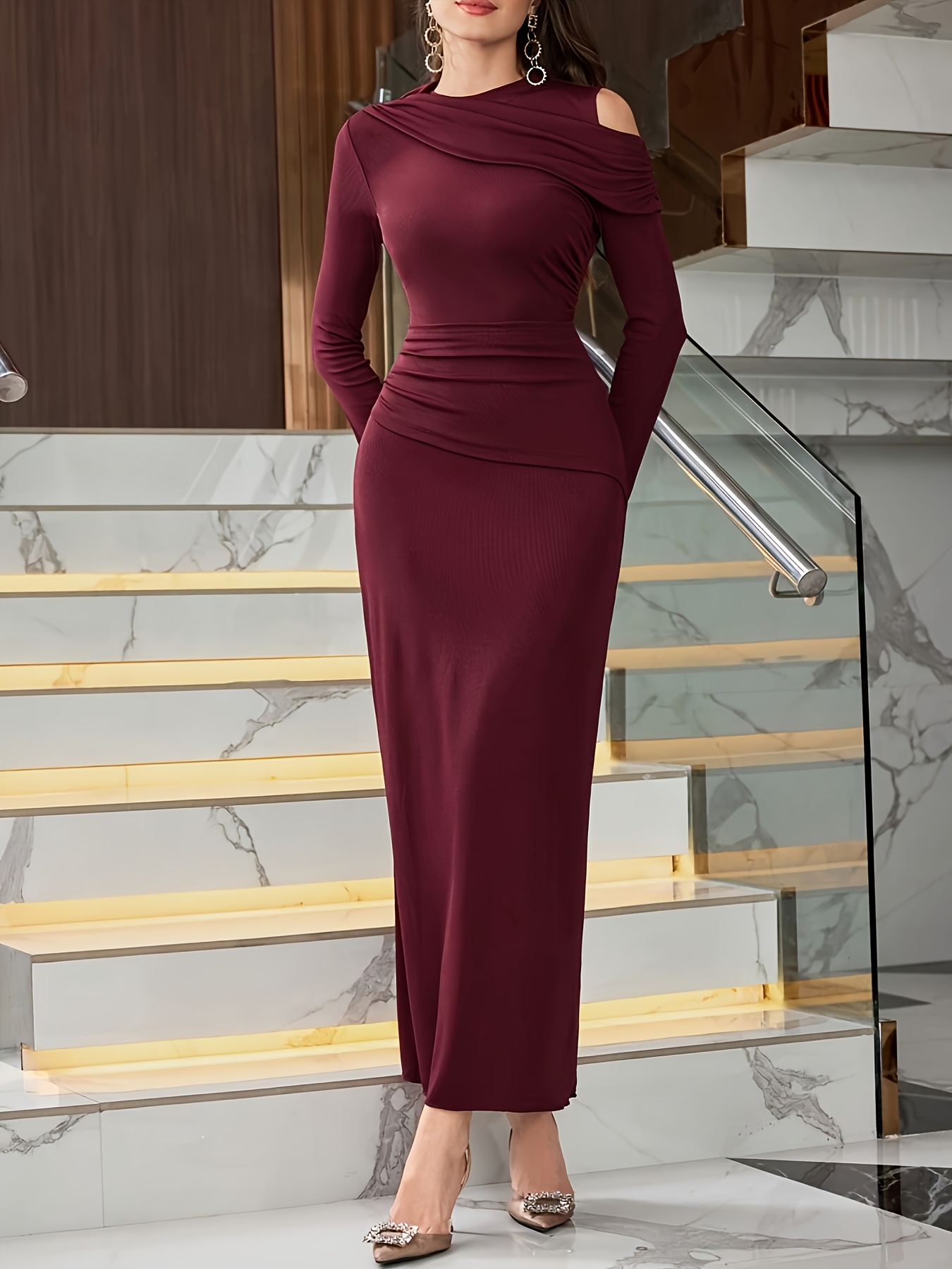 macy's elegant evening dresses NANZ Nathalie long sleeve maxi velvet column regular burgundy evening –  HOUSE of NANZ main image 0