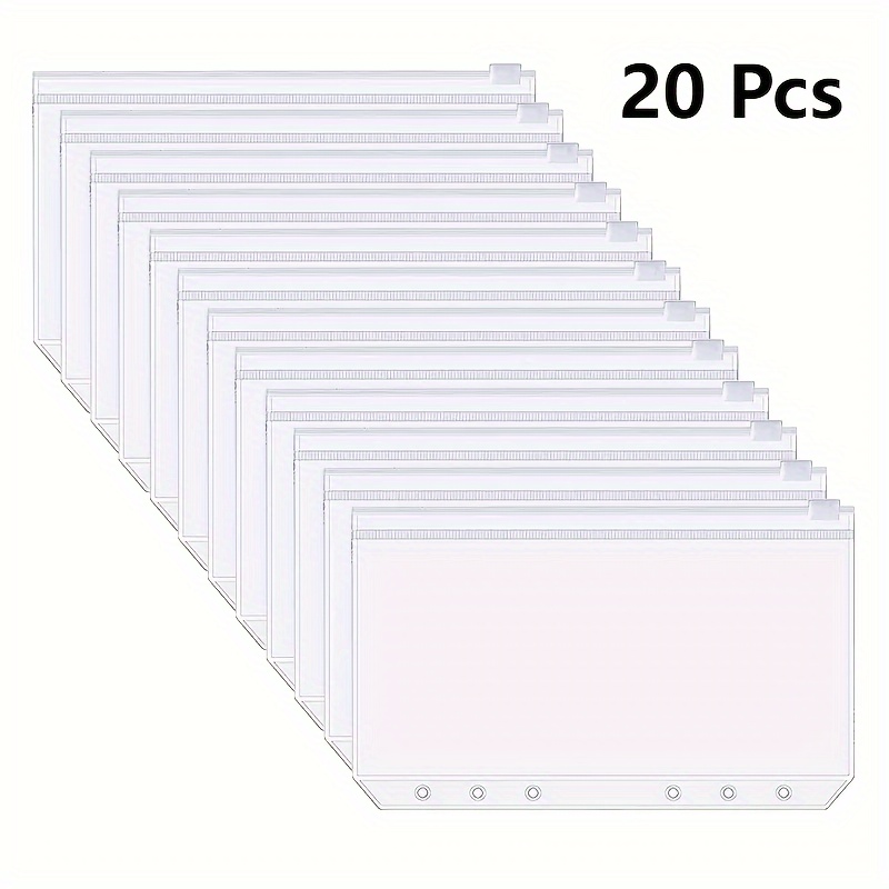 

20pcs A5/a6 Binder Pockets - 6-ring, Waterproof Zippered Transparent Folders With Pvc Sleeves For Budgeting, Storage & Card Organization