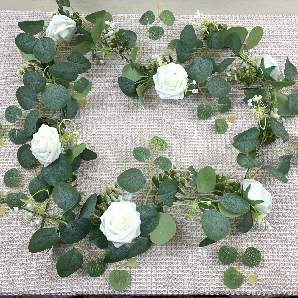 Image of A 5.9-inch Artificial Simulated Eucalyptus Vine With Money Leaves And White Rose Flowers, Perfect For Festive Home Decoration, Featuring Faux Eucalyptus Leaves And , Christmas Halloween