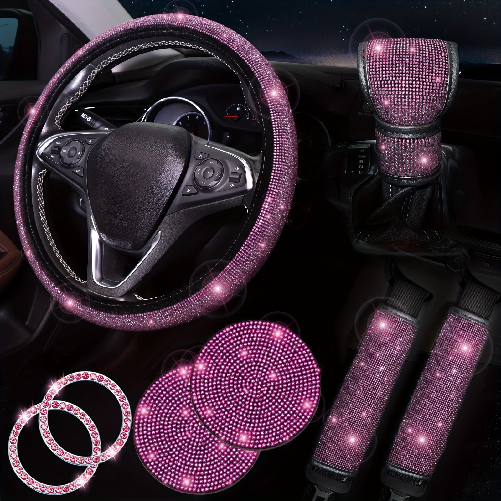 

8 Pcs Bling Car Accessories Set For Women, Bling Rhinestone Diamond Steering Wheel Cover, Sparkly Seat Belt Covers, Bling Gear Shift Cover, Universal Fit Most Cars