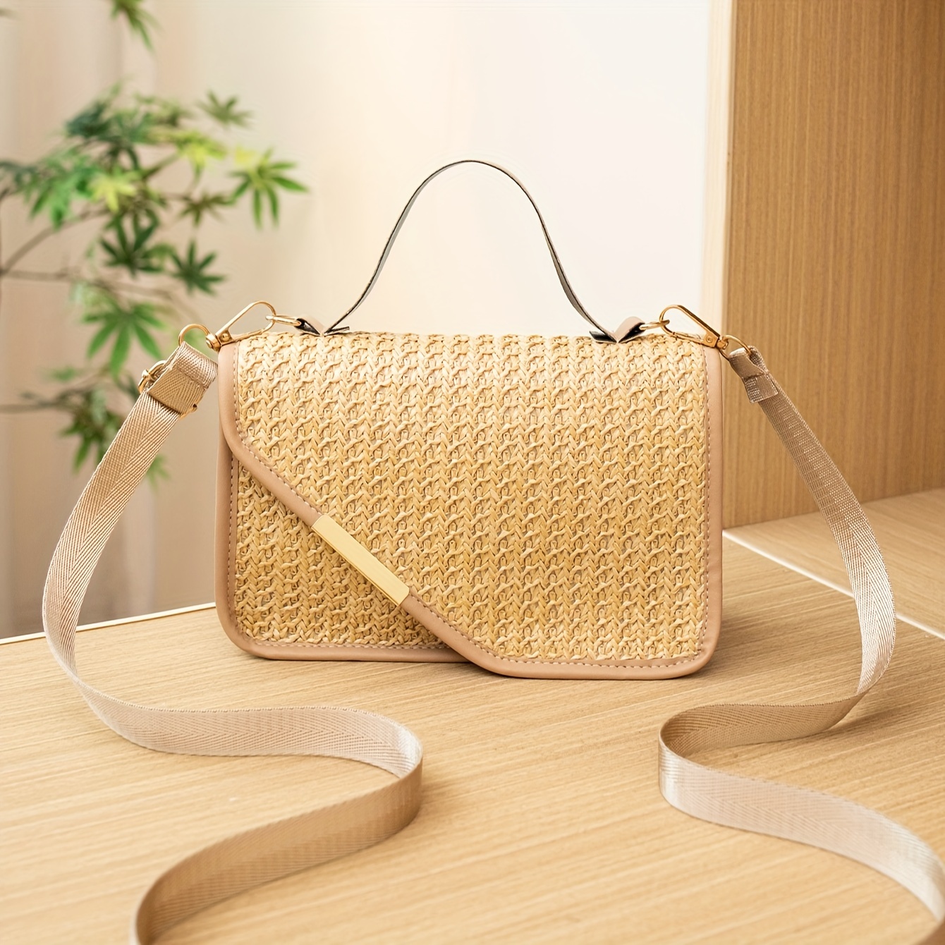 

Women's Casual Beach Straw Woven Handbag, Fashionable Crossbody Shoulder Purse With Flap Closure And Adjustable Strap