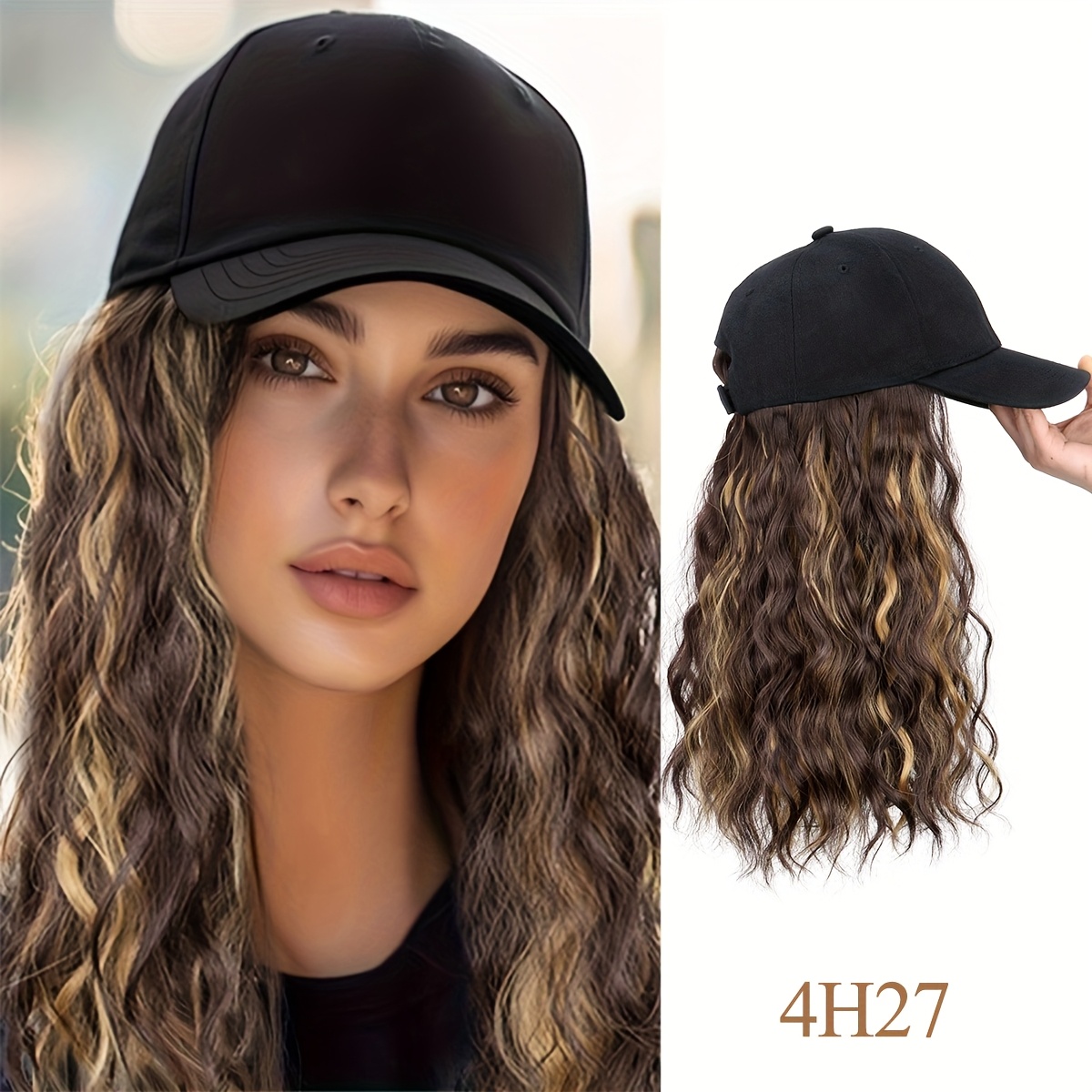 Image of Baseball Cap Hair Wig Synthetic Fiber Curls Extension Wig Hat For Medium/long Curls Brown Highlights Linen Color For Women