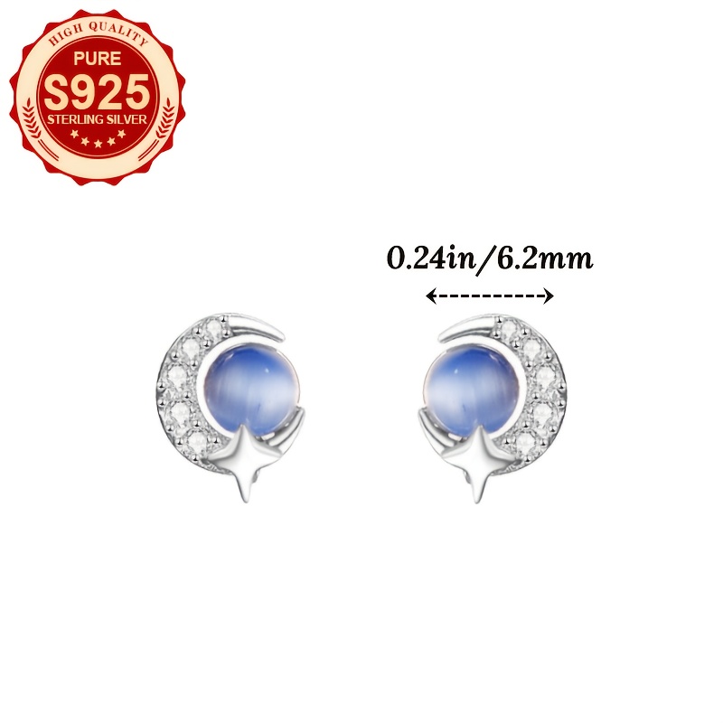 Glass Crescent Moon & Star Stud Earrings, S925 Silver