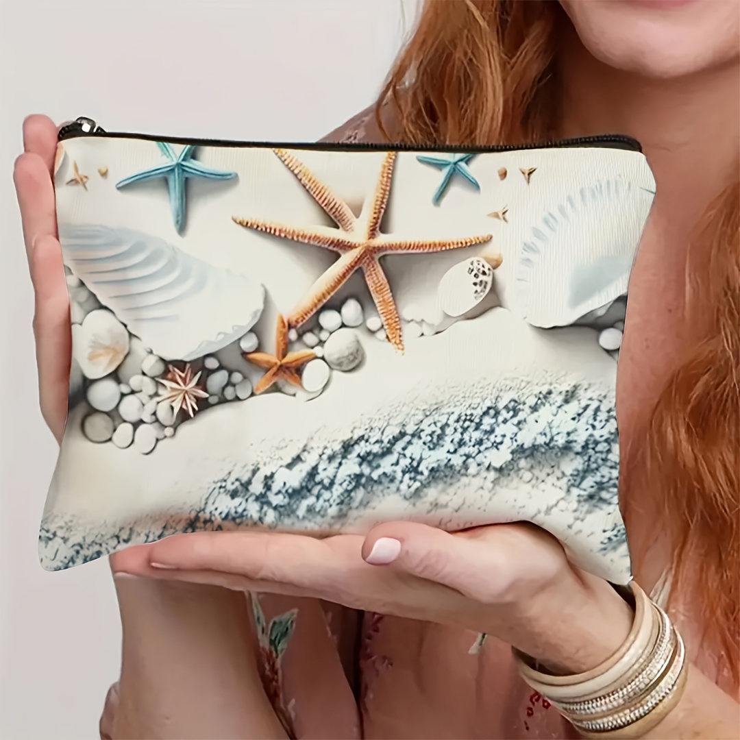 1pc, A Makeup Bag With An Ocean Theme Featuring A Design Of And Shells. This Foldable Travel Toiletry Storage Bag Makes A Thoughtful Gift For Mothers And Caregivers