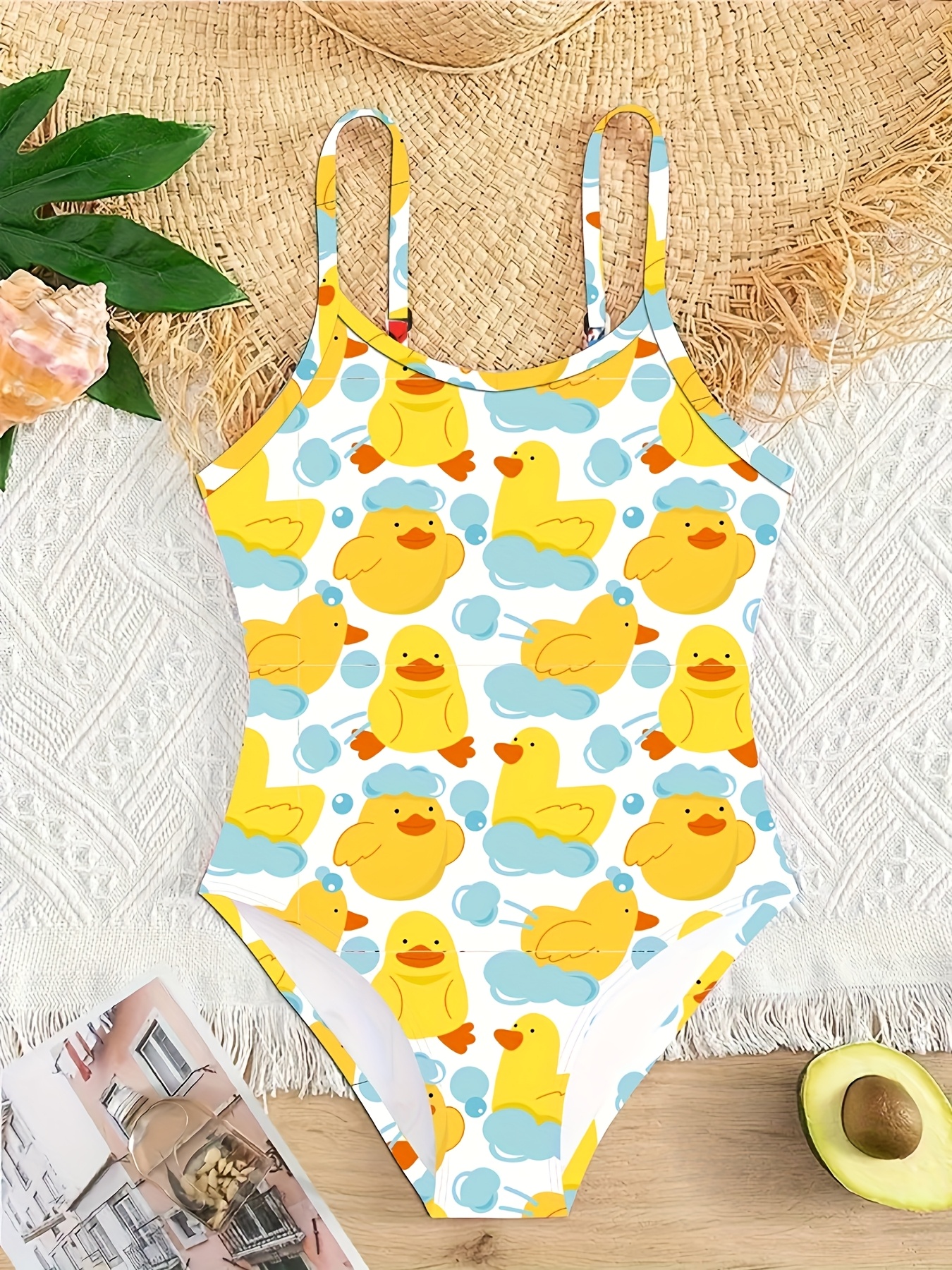 The One-Piece Swimsuit Features a Cute Yellow