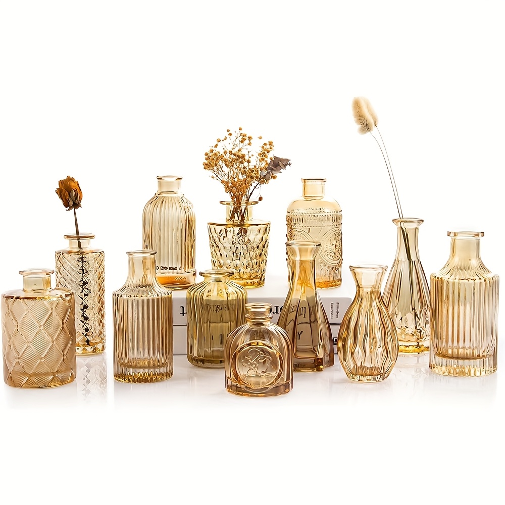 Image of 12pcs/16pcs/24pcs Amber Glass Vase Set Cute Small Flower Vases For Country Decor Suitable For Wedding And Party Table Centerpieces And Home Decoration