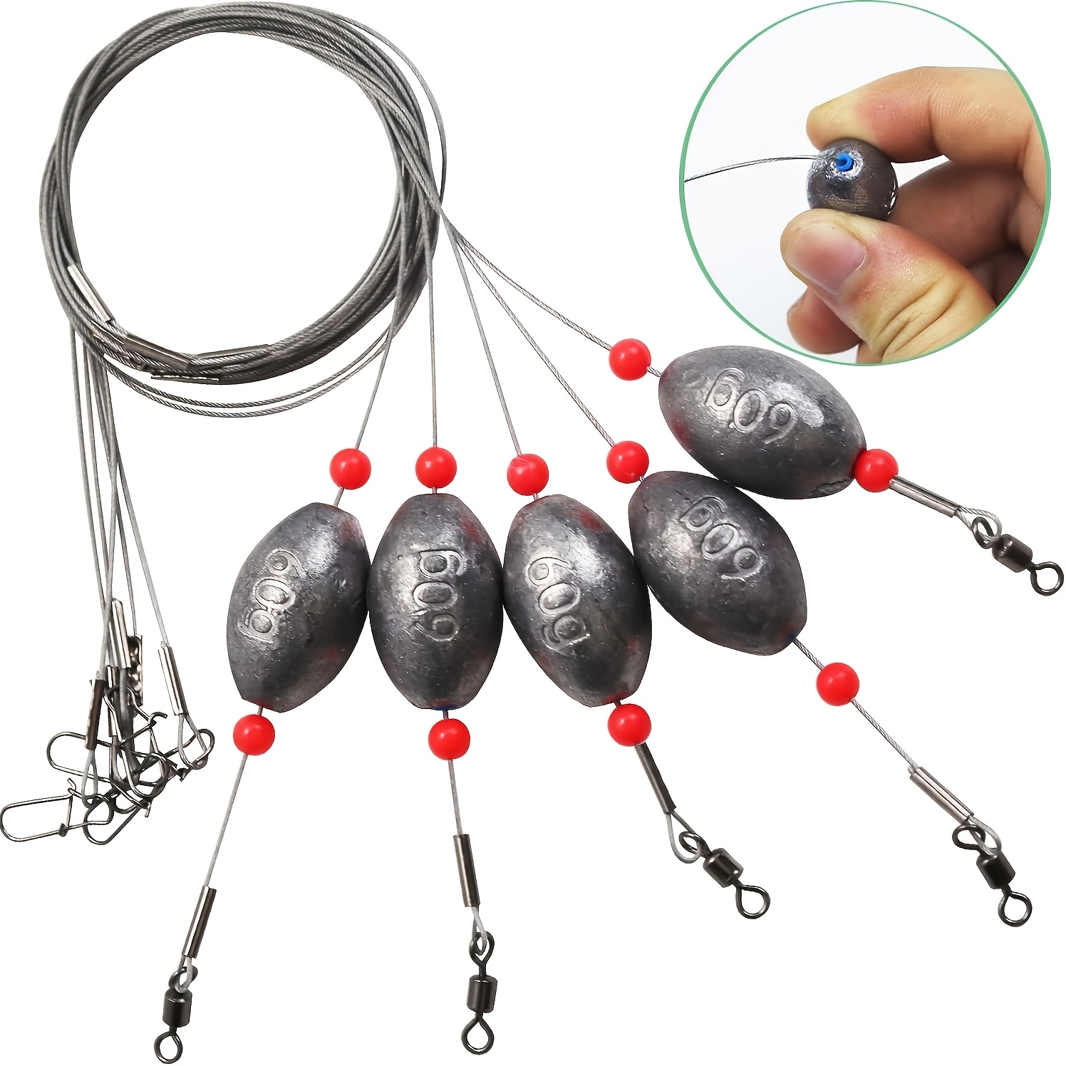 TEMU Fishing Egg Sinker With Soft Plastic Core Weight Rigs 5pcs Rig Saltwater, 176.37lb Fishing Wire Leader With Egg Sinker Swivels Snap, Bottom