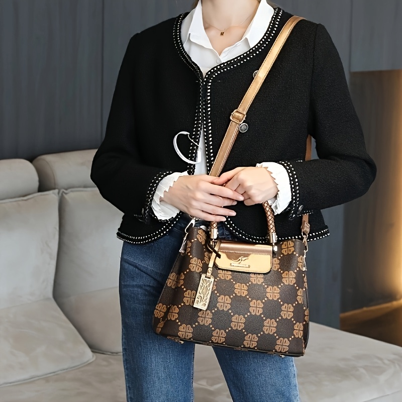 womens light luxury animal print tote bag genuine leather high quality handbag with detachable shoulder strap zipper closure large capacity for commuting work travel copper wine red work handbag elegant bucket bag polyester lined Product details 5