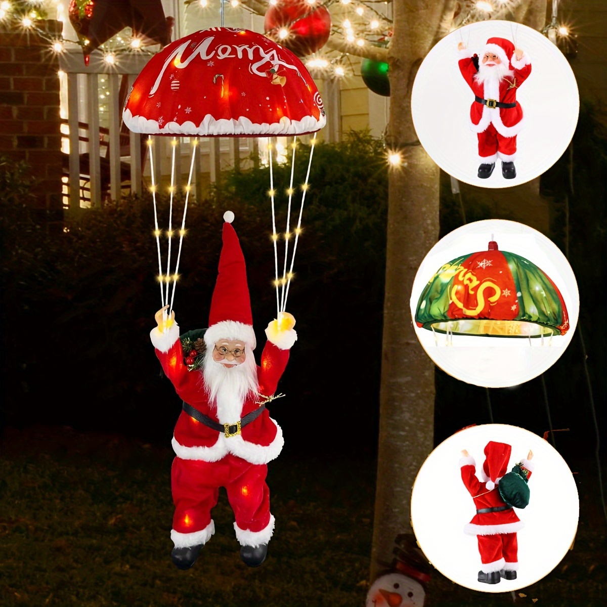 

23.6" Santa Claus Parachute Led String Lights - Outdoor Christmas Decoration With 8 Lighting , Timer & Warm White Lights, Battery-operated For Roof, , Balcony, And Garden Holiday Decor